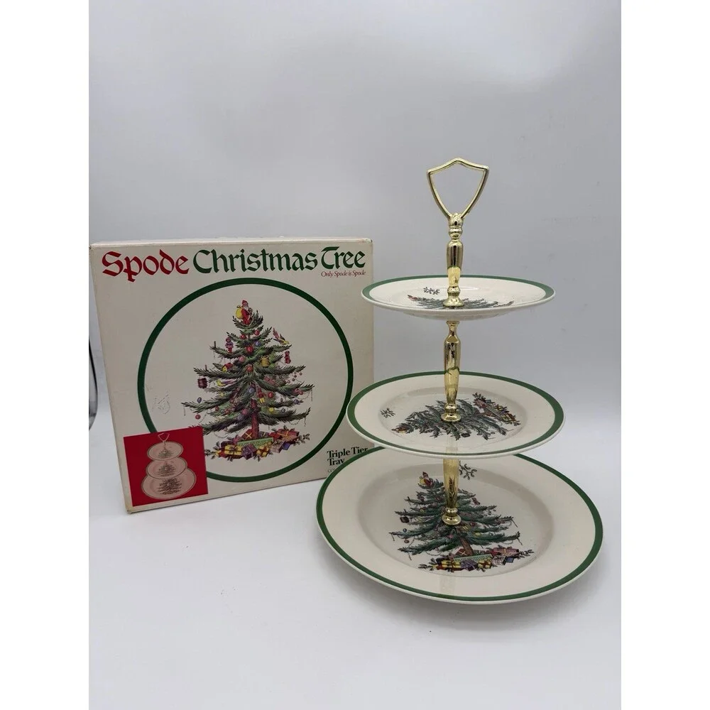 Spode Christmas Tree Triple 3 Tier Serving Tray Cookie Stand England Porcelain B